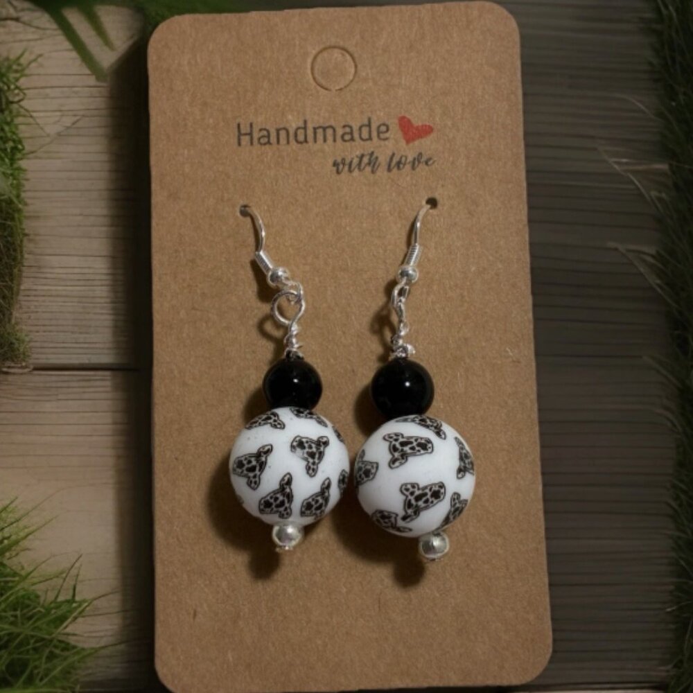 Cowgirl Cow Earrings Silicone Glass Beads Silver Hooks Hypoallergenic NEW